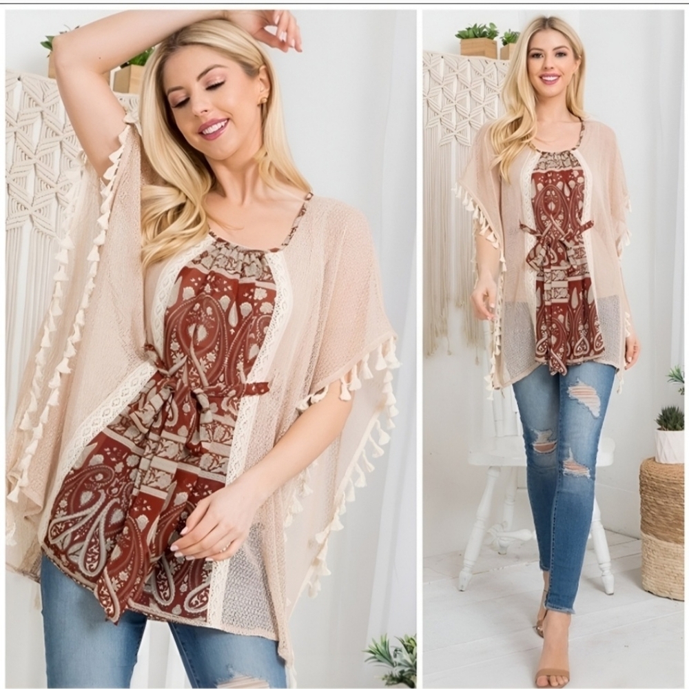 NWOT Butterfly Dsigns Bohemian paisley print crochet top taupe tassel fringe
